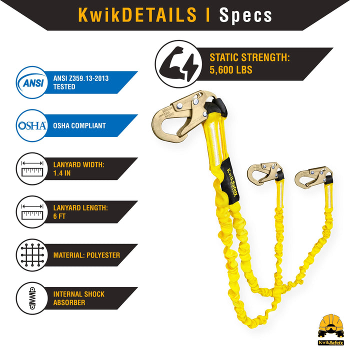 KwikSafety DOUBLE LEG RATTLER Y-Leg 6’ Internal Shock Absorber Safety Lanyard - Model No.: KS7704 - KwikSafety