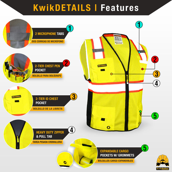 KwikSafety BIG KAHUNA Hi Vis Reflective ANSI PPE Surveyor Class 2 Safety Vest - Model No.: KS3301 - KwikSafety