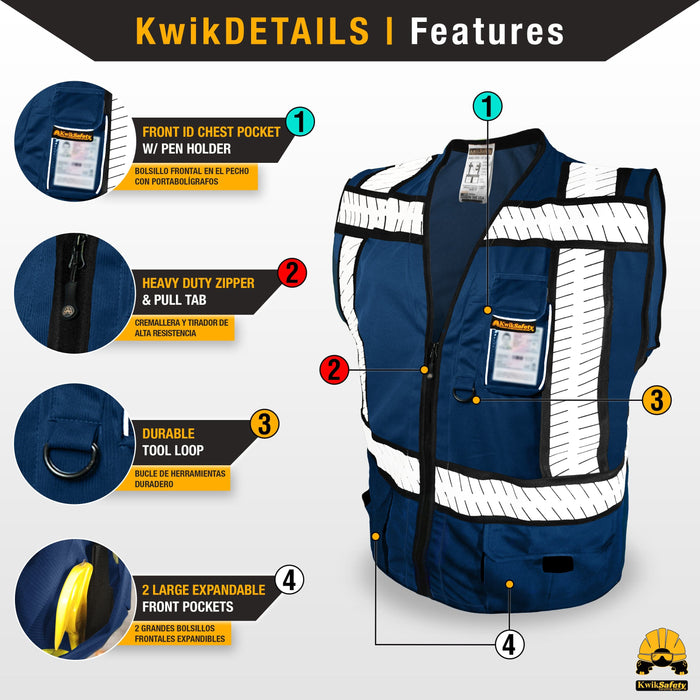 KwikSafety PURE BLUE SHERIFF Safety Vest (Multi-Use Pockets) Reflectiv