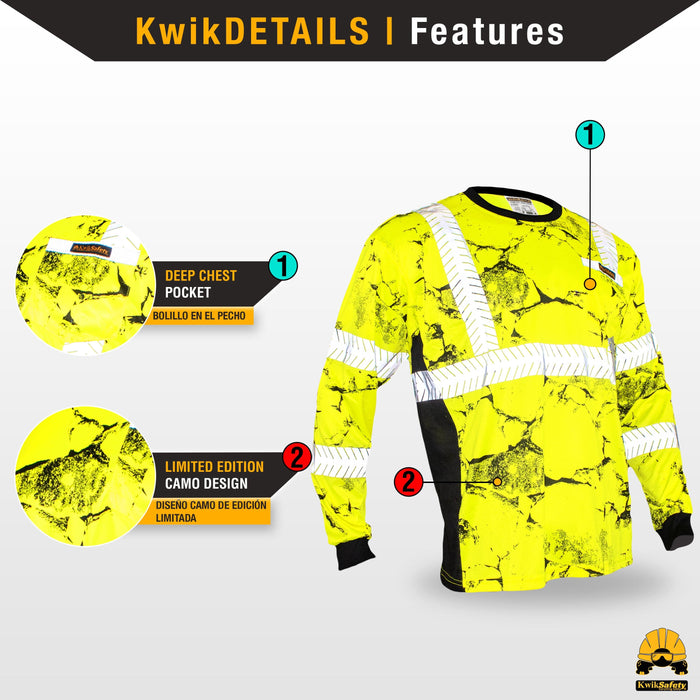 KwikSafety UNCLE WILLY'S WALL High Visibility Reflective Long Sleeve ANSI Class 3 Safety Shirt - Model No.: KS4406 - KwikSafety contruction reflectors highvis visability reflector longsleeve shirtz stripes strips hivisible green pockets running ropa trabajar trabajo hombres hombre zip button vest tall slogans logo uniform t-shirt hiviz camo t-shirts travajo resistant