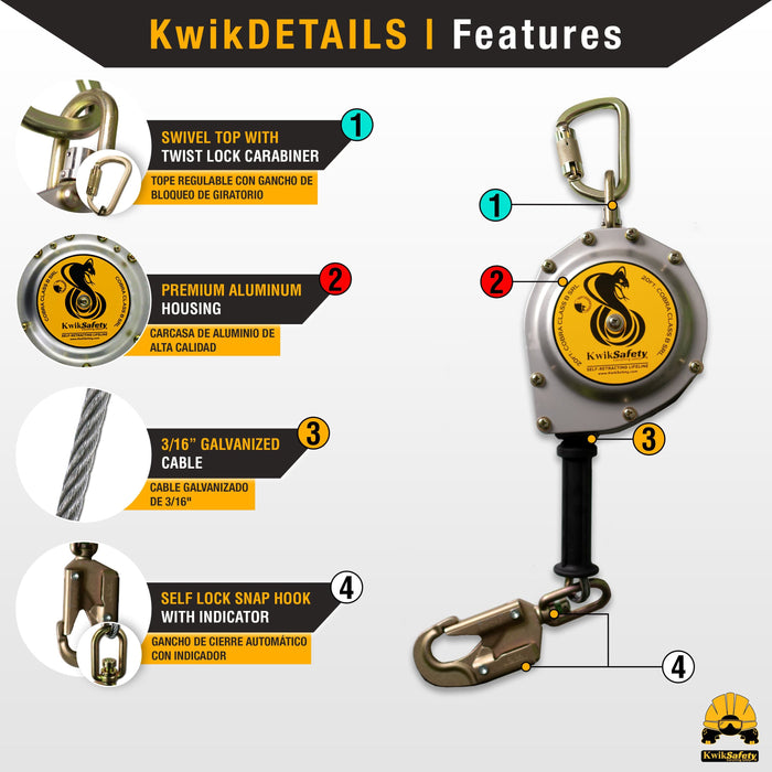 KwikSafety 20’ COBRA Self Retracting Lifeline ANSI Class B Galvanized Cable SRL - Model No.: KS7913-20 - KwikSafety