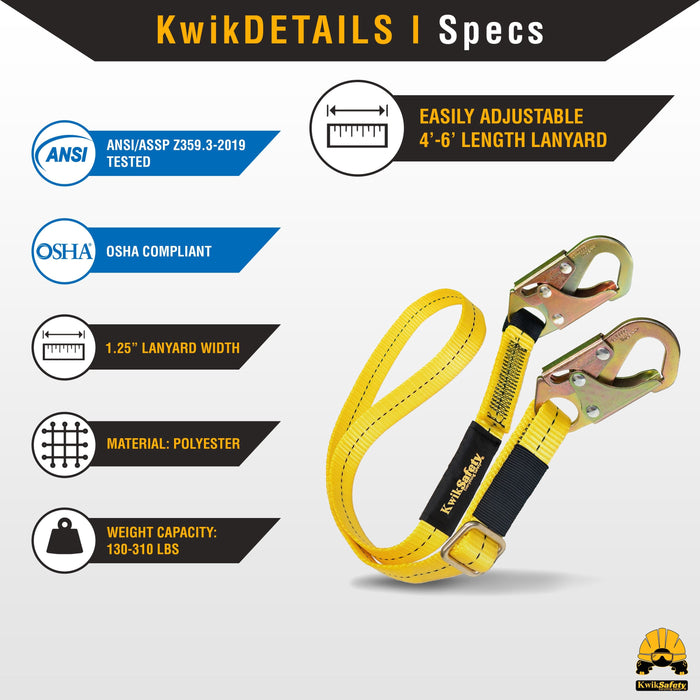 KwikSafety COPPERHEAD Single Leg Adjustable 4' to 6' Safety Lanyard, No Shock Absorber - Model No.: KS7707 - KwikSafety