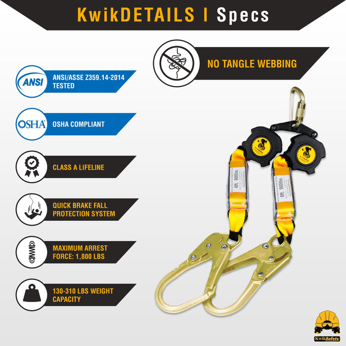 KwikSafety 6’ COBRA Twin Leg Self Retracting Lifeline ANSI Class A Poly Web SRL - Model No.: KS7915 - KwikSafety