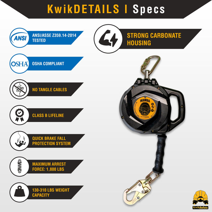 KwikSafety MAMBA CABLE Carbonate Housing Self Retracting Lifeline SRL - Model No.: KS7924, KS7925, KS7928 - KwikSafety