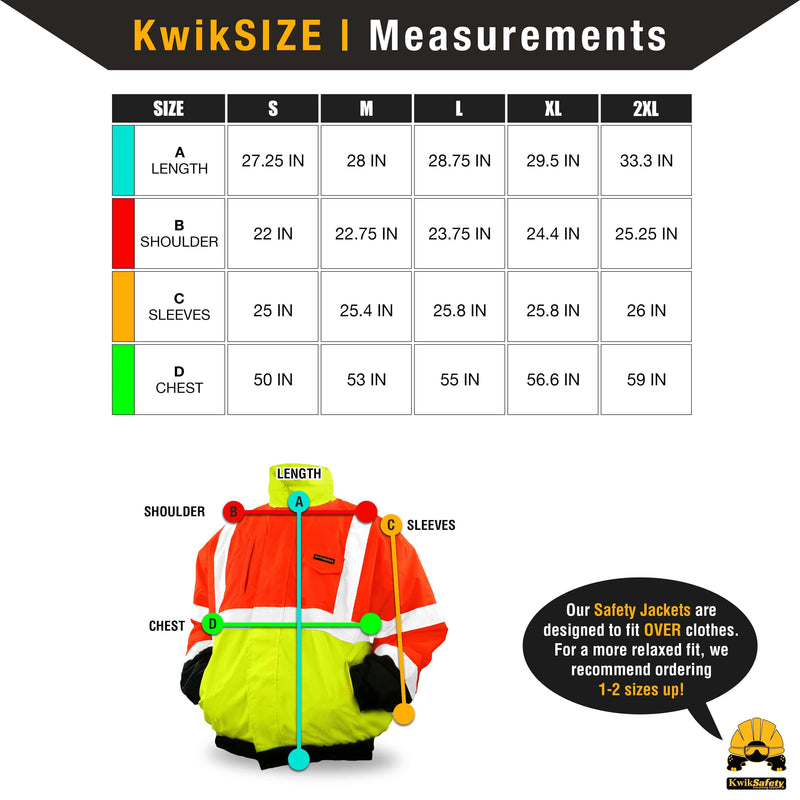 KwikSafety | Dispatcher Hi Vis Bomber Jacket | Size Chart