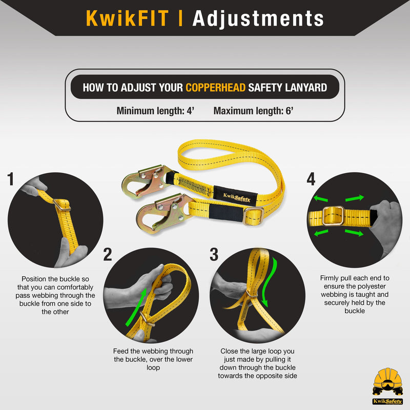 KwikSafety COPPERHEAD Single Leg Adjustable 4' to 6' Safety Lanyard, No Shock Absorber - Model No.: KS7707 - KwikSafety