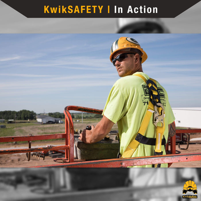 KwikSafety SCORPION ANSI Fall Protection Safety Harness w/ Attached 6ft Lanyard - Model No.: KS6604 - safety harness full body fall protection harnesses boom construction forklift restraint ansi osha personal roof roofing padded padding scaffold scissor lift aerial work ring arrest prevention retraint tongue compliant buckle back support