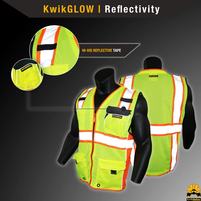 KwikSafety (Charlotte, NC) Classic Supreme (10 Pockets) Class 2 ANSI High Visibility Reflective Safety Vest Heavy Duty Mesh with Zipper and Hi Vis