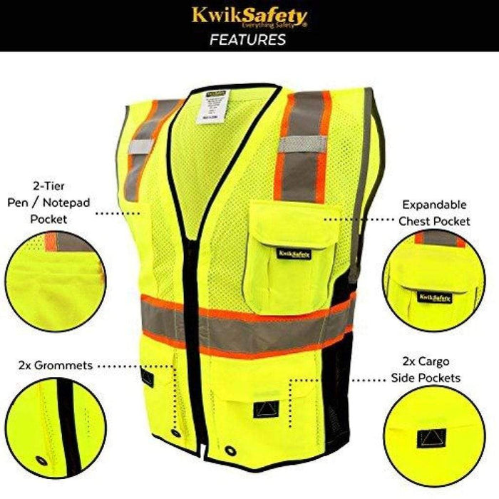 CLEARANCE! KwikSafety CLASSIC Hi Vis Reflective ANSI PPE Surveyor Class 2 Safety Vest - Model No.: KS3302 - KwikSafety