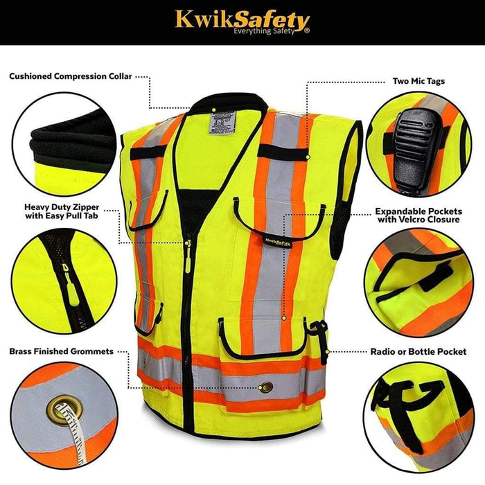 CLEARANCE! KwikSafety GODFATHER Hi Vis Reflective ANSI PPE Surveyor Class 2 Safety Vest - Model No.: KS3310 - KwikSafety