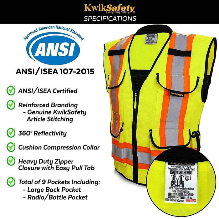 CLEARANCE! KwikSafety GODFATHER Hi Vis Reflective ANSI PPE Surveyor Class 2 Safety Vest - Model No.: KS3310 - KwikSafety